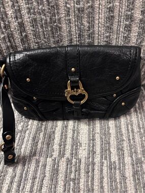 Juicy Couture Black Leather Wristlet Clutch with Gold Ring Logo